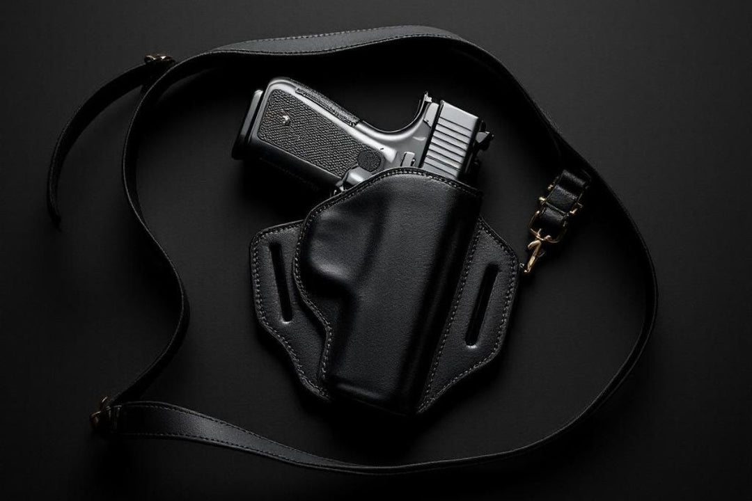 Black leather shoulder holster with pistol, laid flat on a dark background