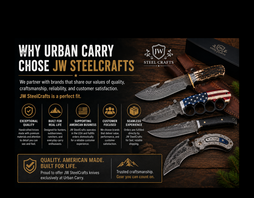 Urban Carry promotional graphic for JW SteelCrafts knives, highlighting quality, craftsmanship, and customer focus.