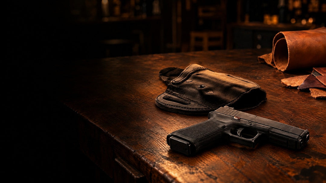 Urban Carry Signature OWB leather holster beside a Glock 19 Gen 6 on a leather workbench