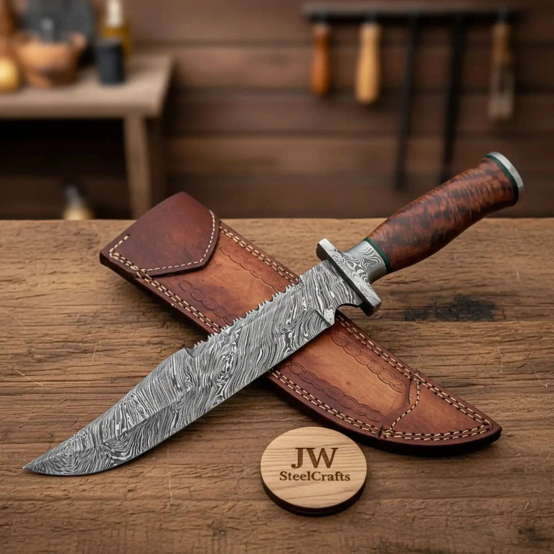 Knife with a brown leather sheath on a wooden surface, branded 'JW SteelCrafts'.