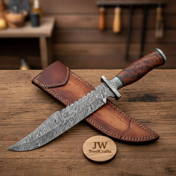 Knife with a brown leather sheath on a wooden surface, branded 'JW SteelCrafts'.