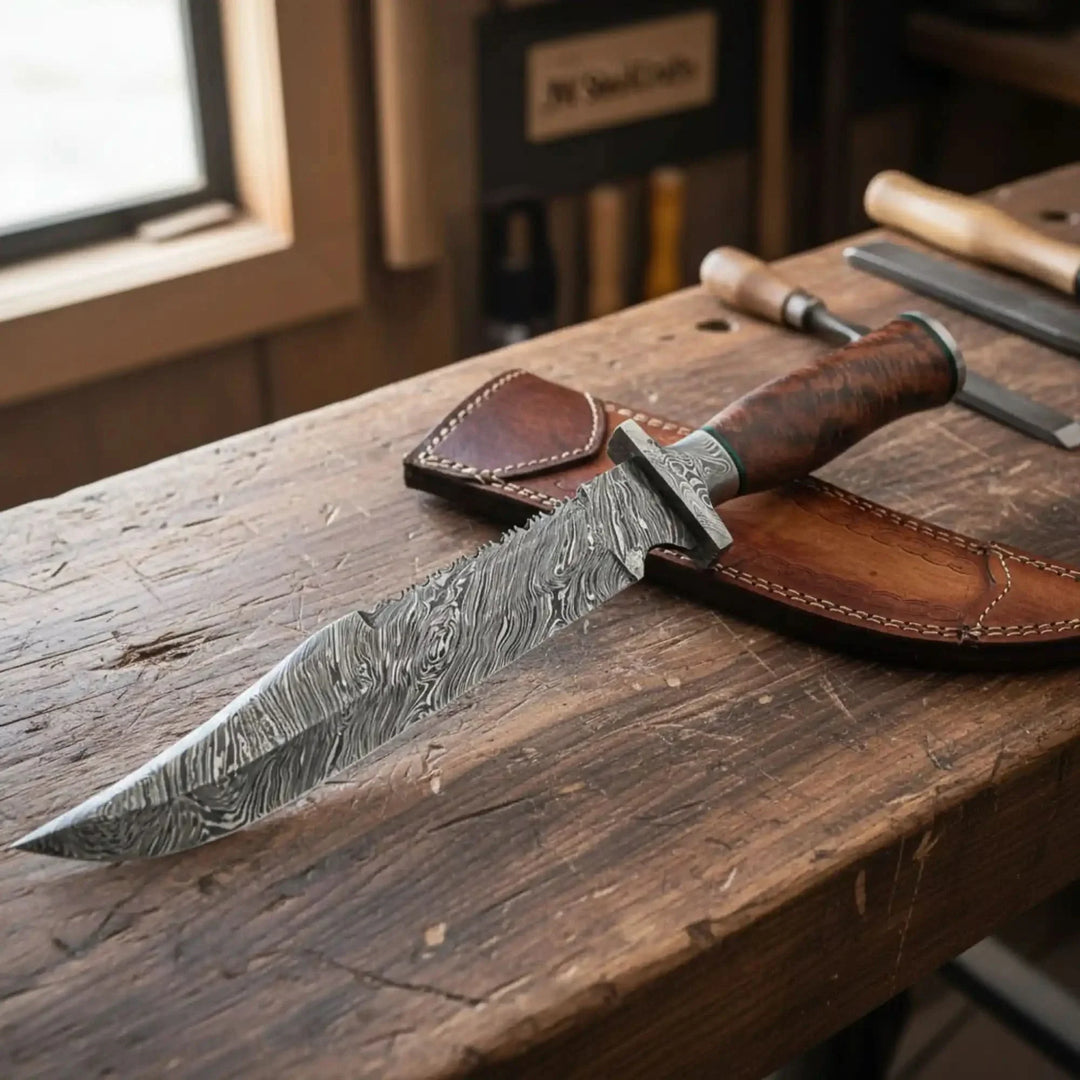 Decorative knife with a wooden handle and leather sheath on a wooden surface.