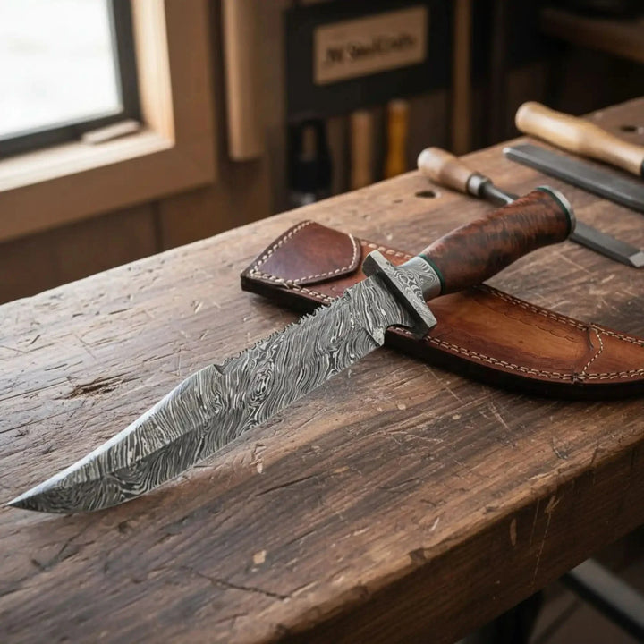Decorative knife with a wooden handle and leather sheath on a wooden surface.