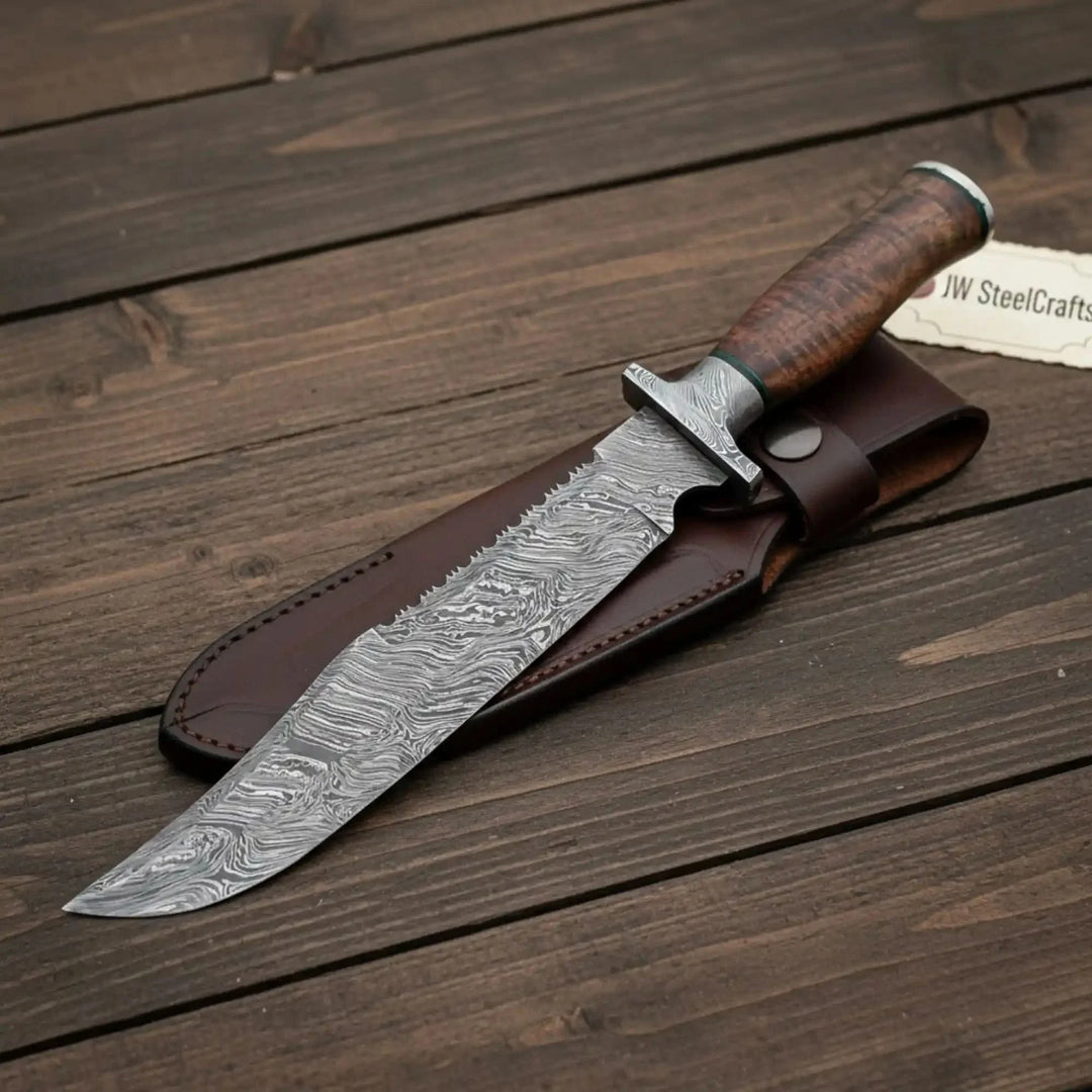Decorative knife with a wooden handle and leather sheath on a wooden surface