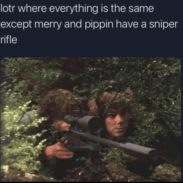 LOTR meme: Merry and Pippin with sniper rifle, hidden in bushes.