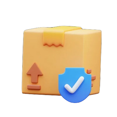 Yellow package icon with a blue check mark on a white background