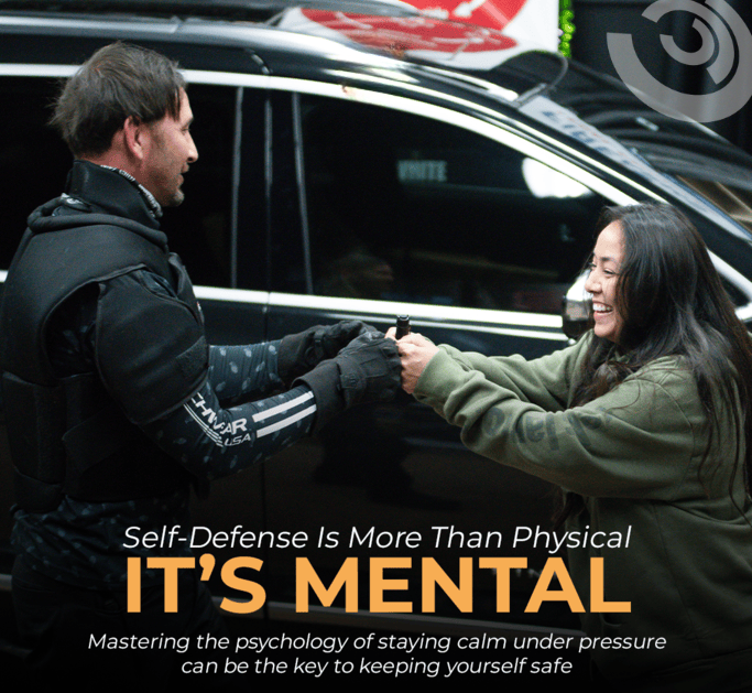 Two people shaking hands with text about self-defense being mental and staying calm under pressure.