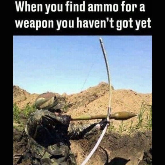 Funny soldier meme: bow trying to fire an RPG.