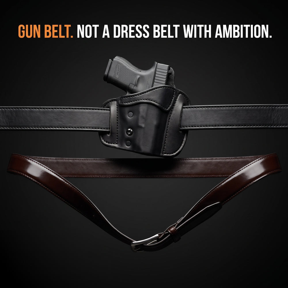 A gun belt holding a holstered pistol level next to a dress belt sagging under the weight