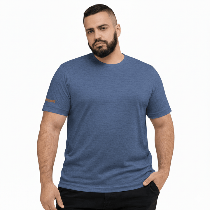 Man wearing a blue t-shirt on a white background