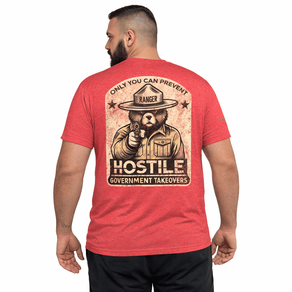 Red t-shirt with a graphic design on the back, featuring a bear in a ranger hat holding a firearm.