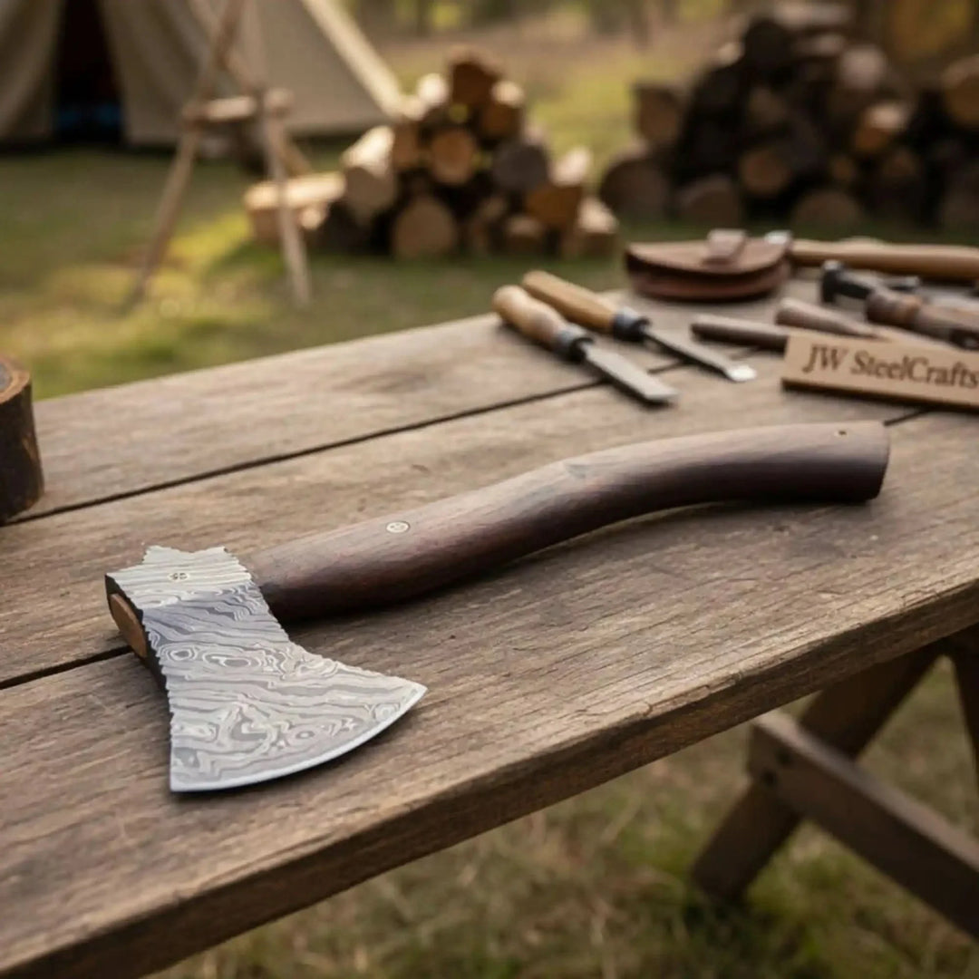 Wooden axe with engraved blade on a wooden table outdoors, surrounded by logs and camping equipment.