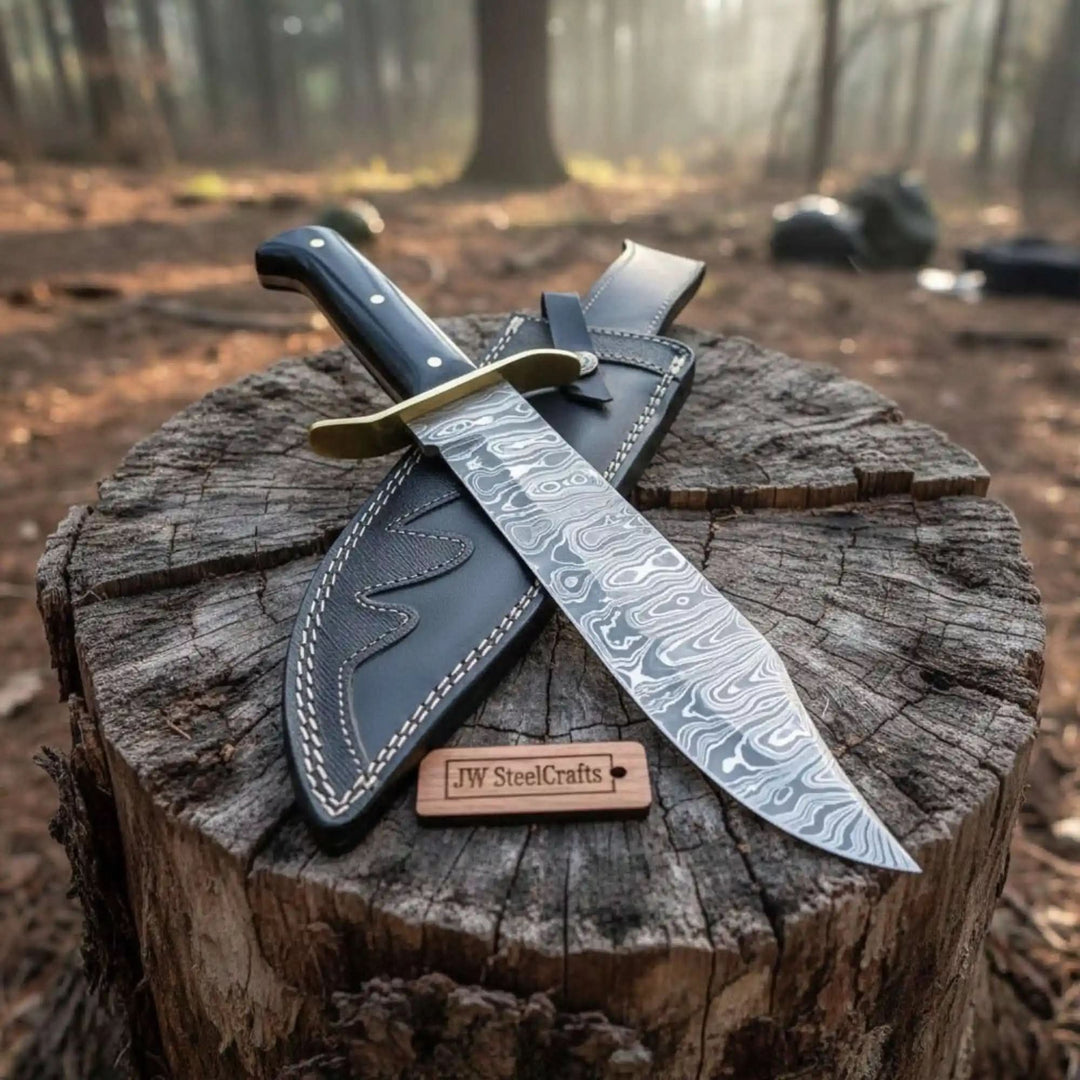 Decorative knife with leather sheath on a wooden stump in a forest setting