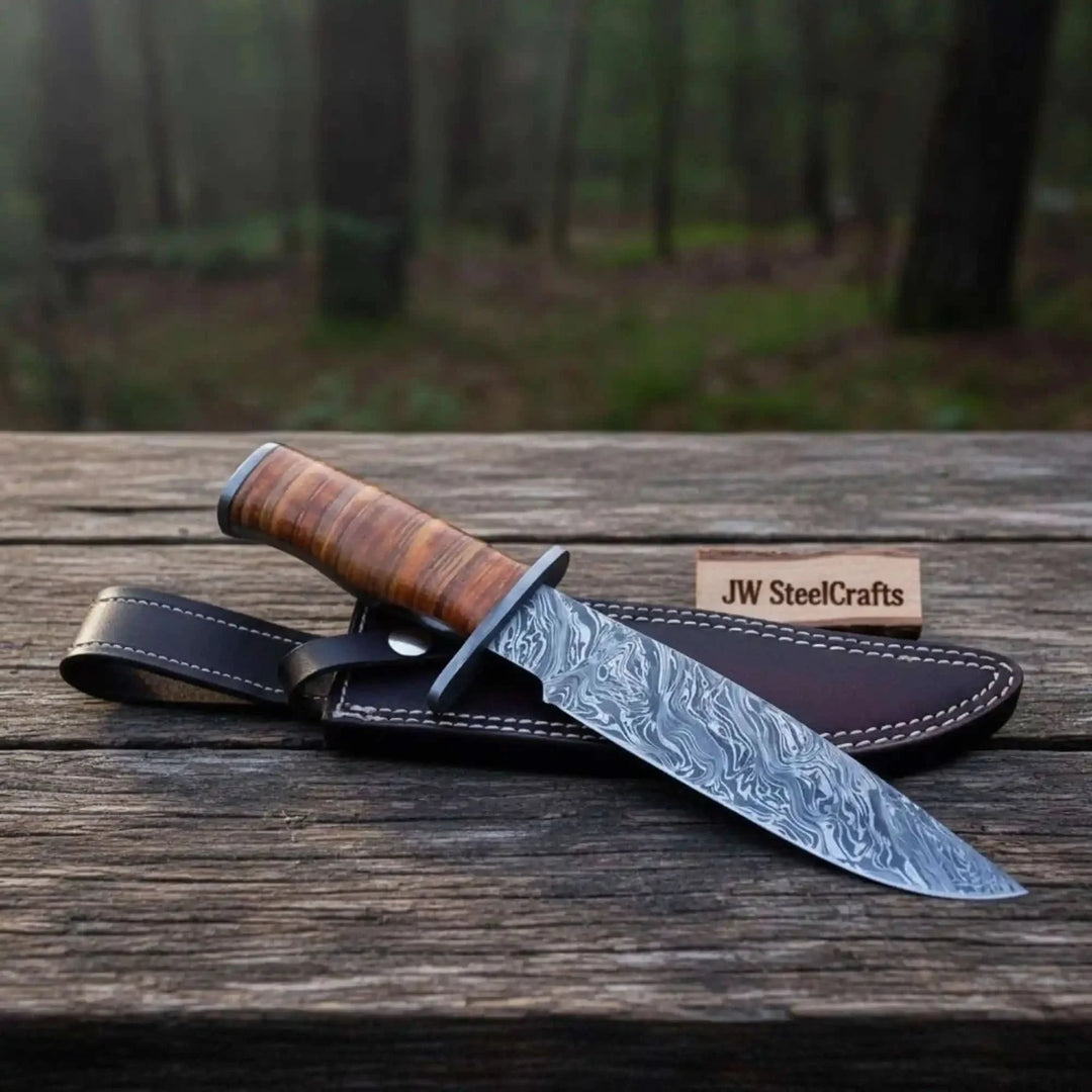 Knife with wooden handle and leather sheath on a wooden surface with a forest background