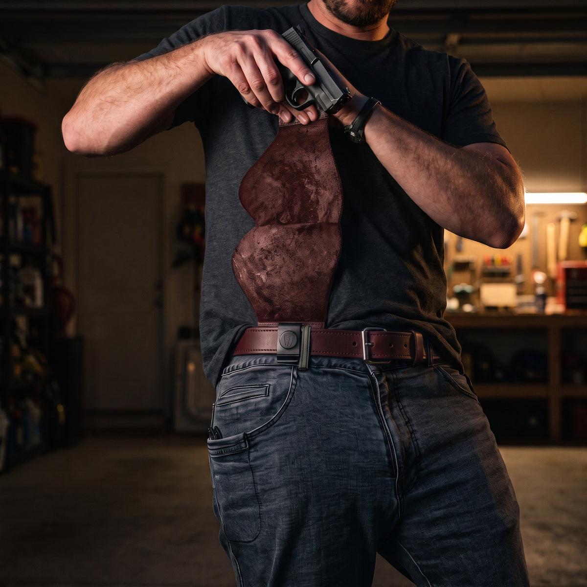 Urban Carry G3 worn with the shirt lifted, ready to draw