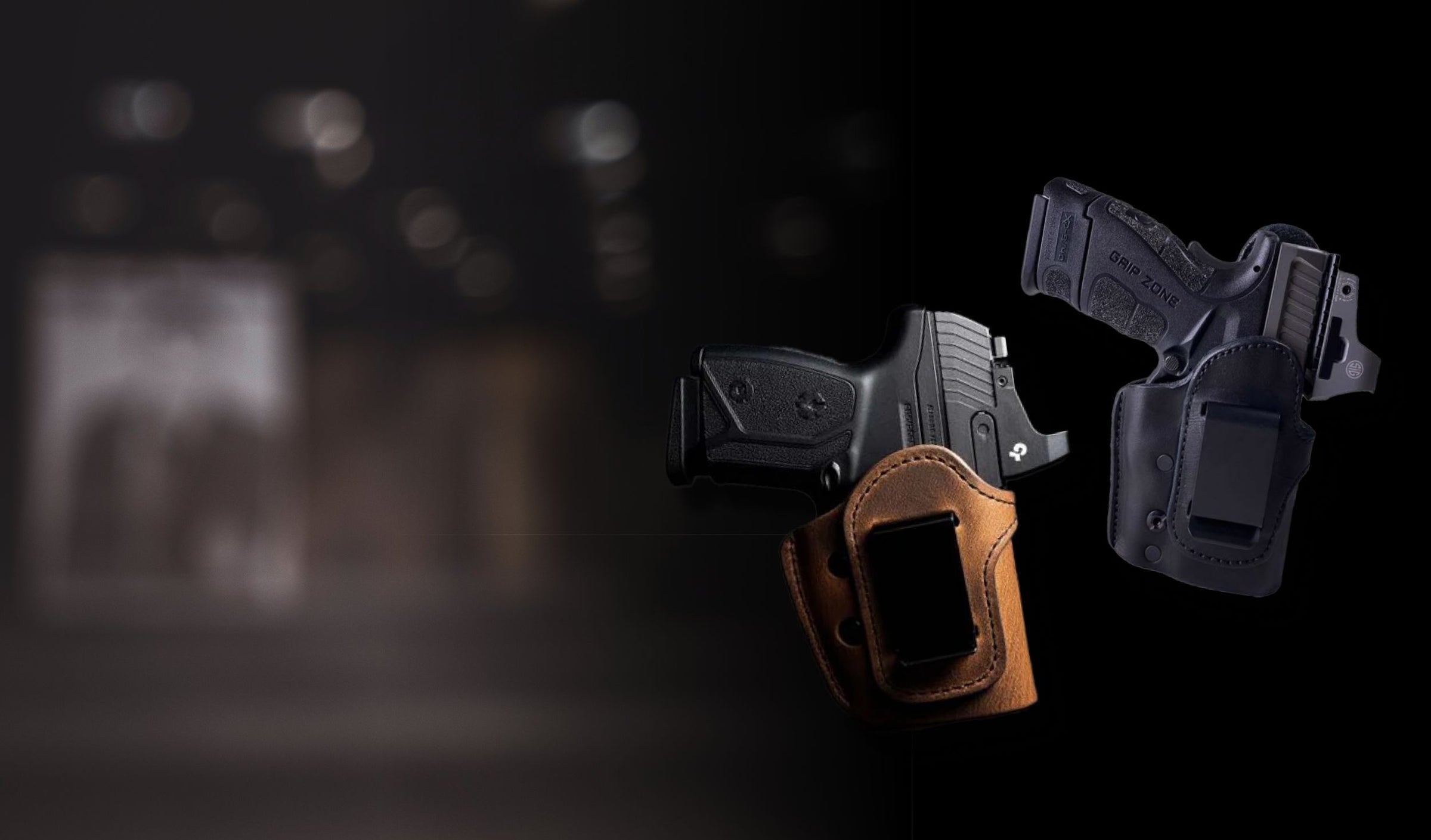 Two gun holsters, one brown leather and one black plastic, on a dark background.
