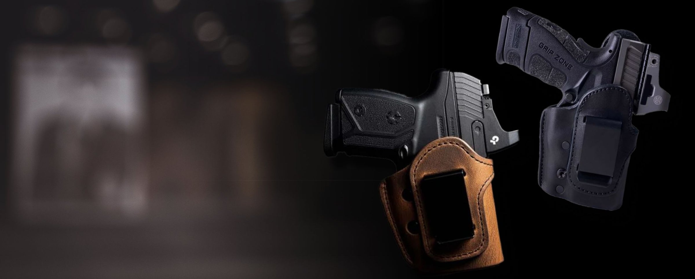 Black handgun in a brown leather holster with a black gun case on a dark background
