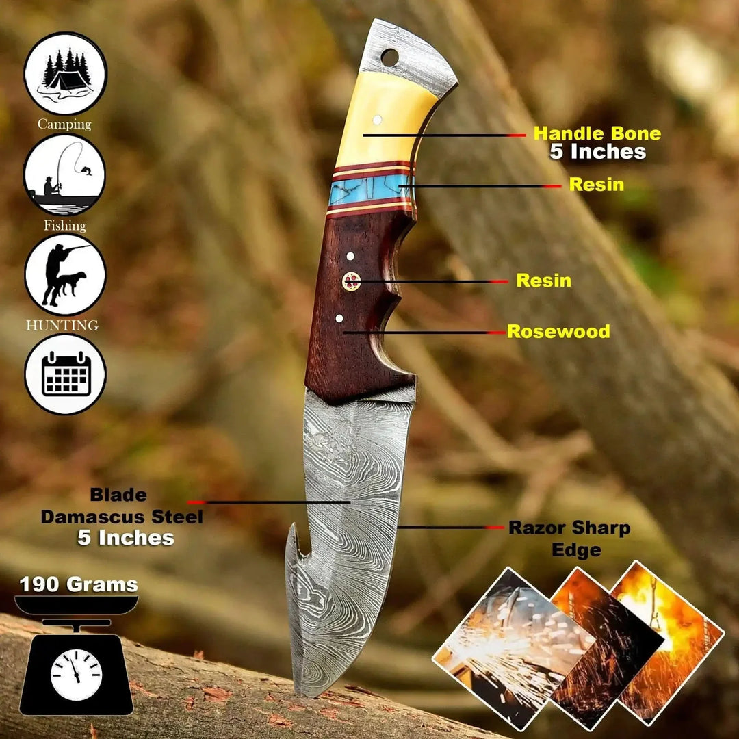 Detailed view of a knife with labeled components on a natural background