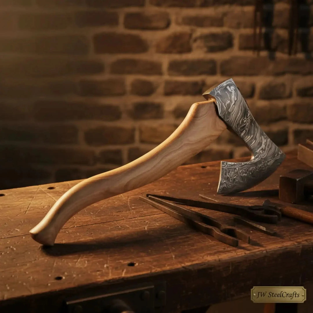 Wooden-handled axe on a wooden surface with a brick wall background