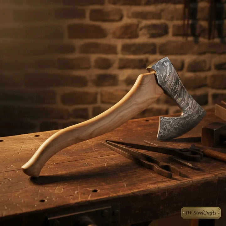 Wooden-handled axe on a wooden surface with a brick wall background