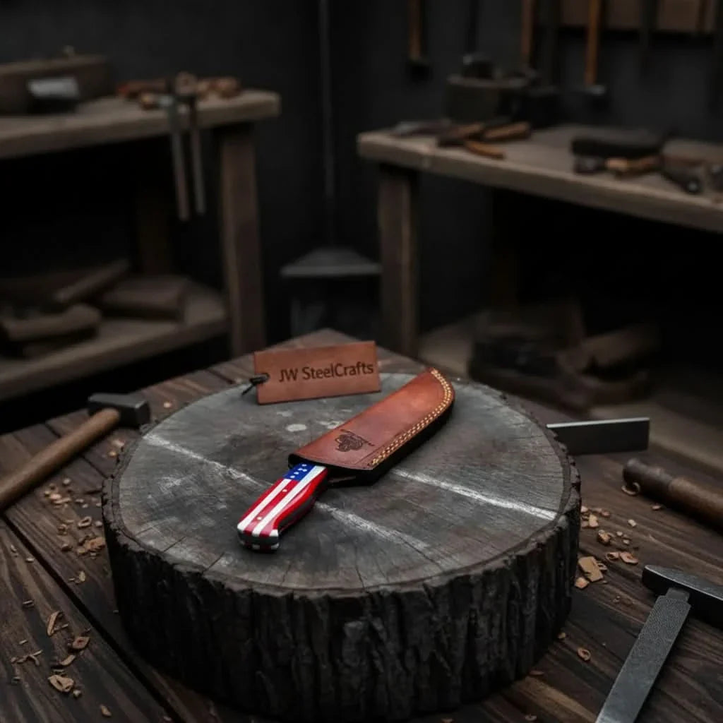 Knife with American flag design and leather sheath on a wooden block in a workshop setting.