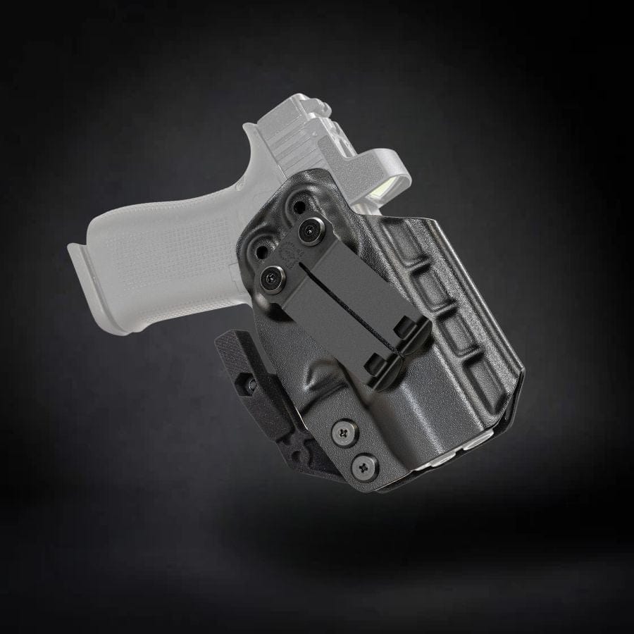 Black gun holster with a white firearm on a dark background