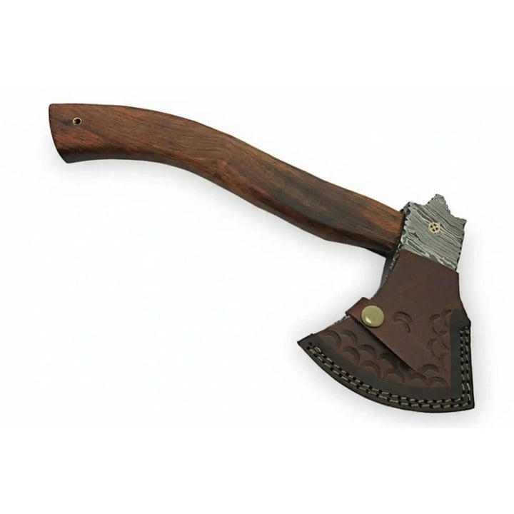 Wooden-handled axe with a leather sheath on a white background