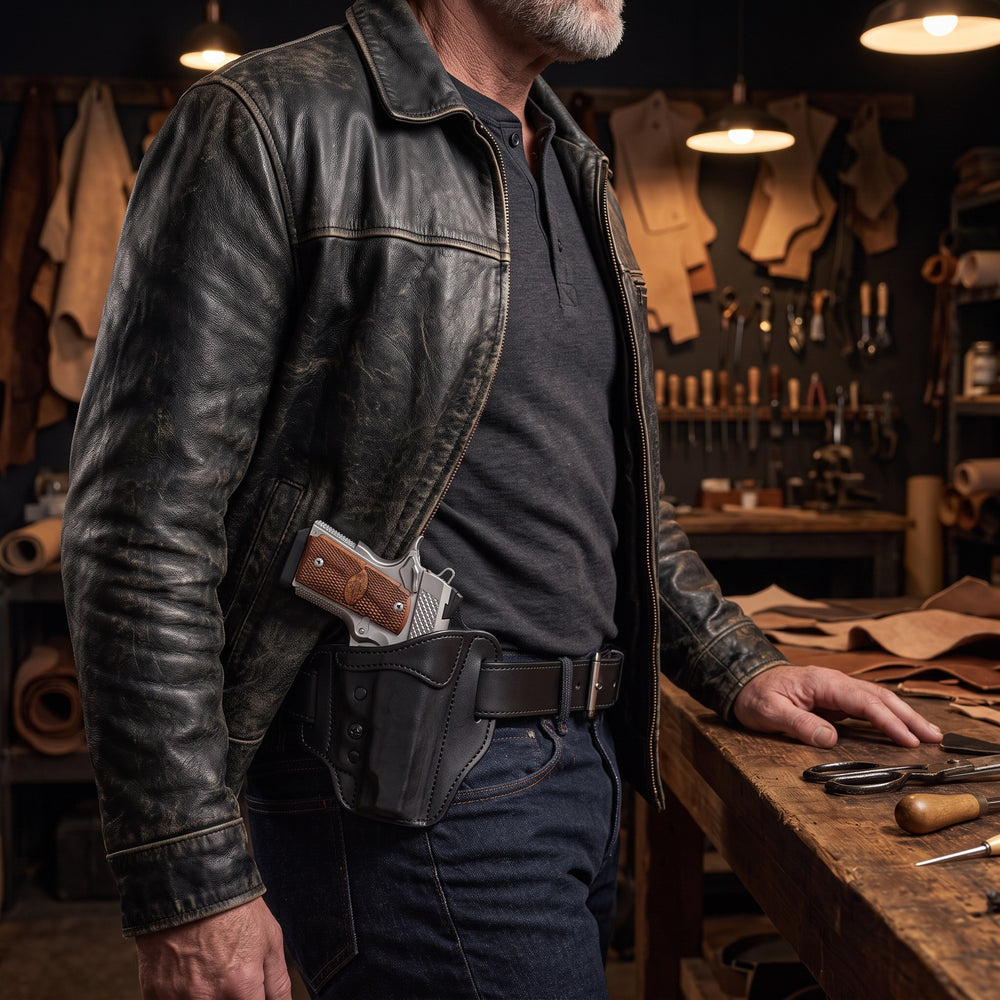 Signature OWB holster in Black worn on the Heavy-Duty Gun Belt in Black