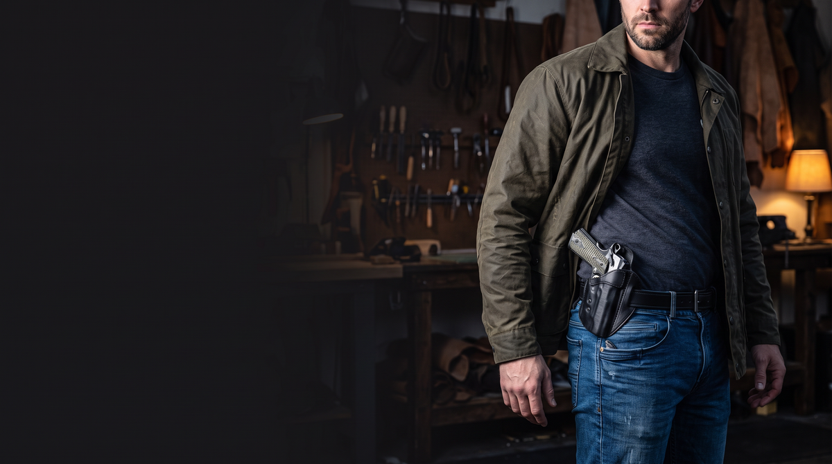 Man carrying an Urban Carry Signature OWB leather holster in a leather workshop