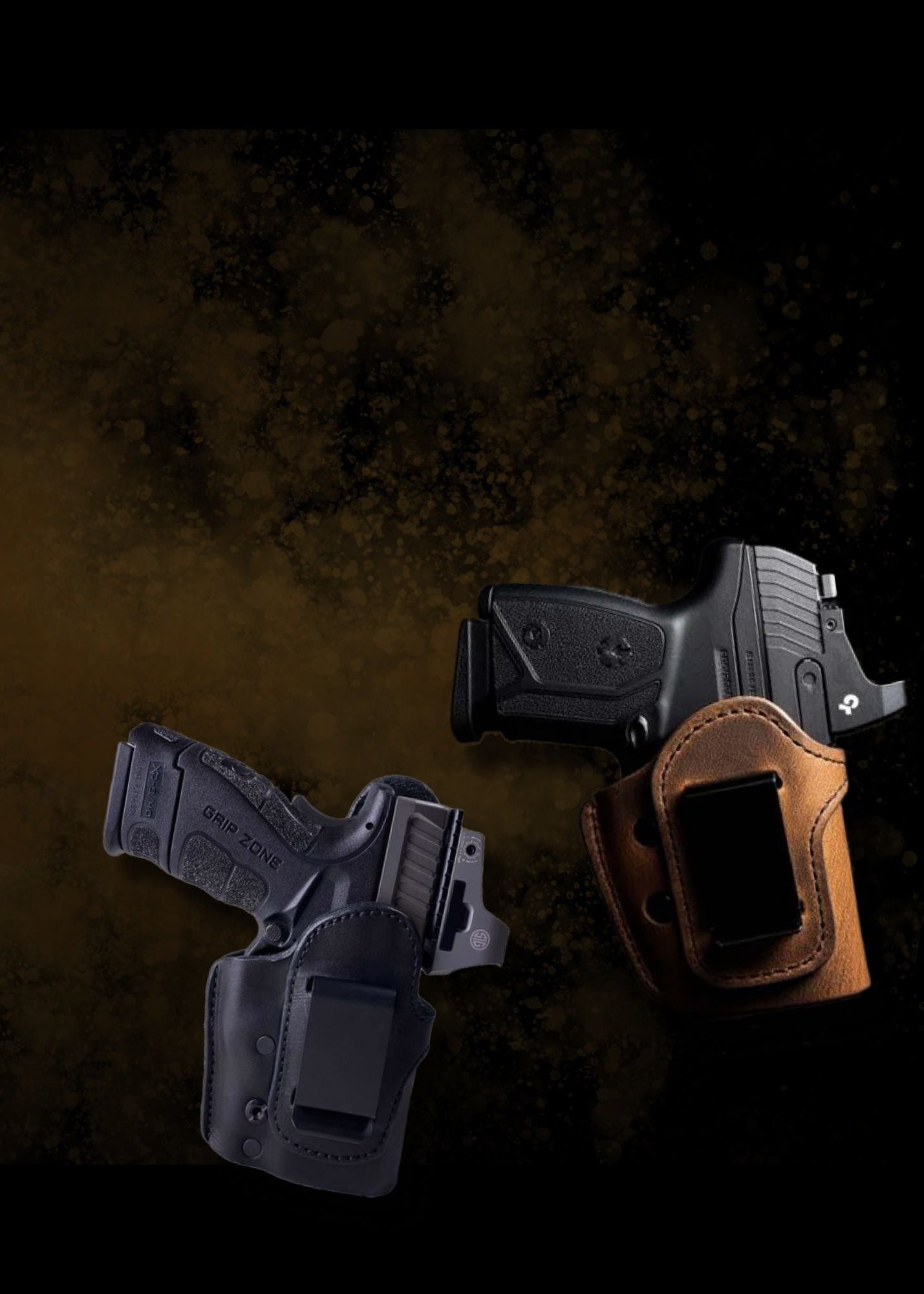 Two guns in holsters on a dark background