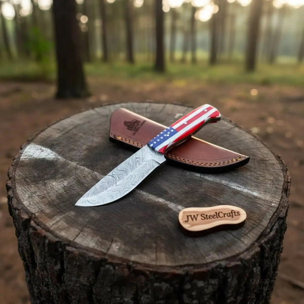 Damascus Steel USA Flag Outdoor Knife