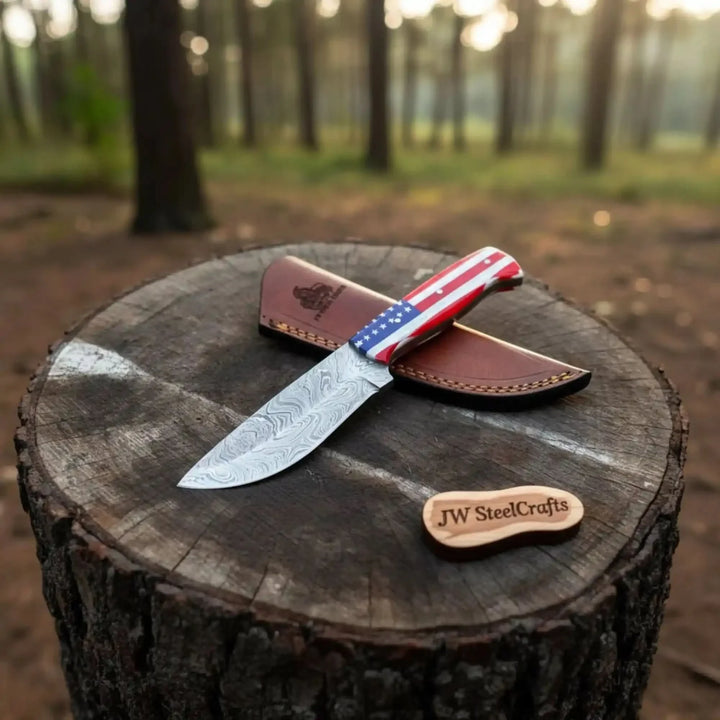 Knife with American flag sheath on a wooden stump in a forest